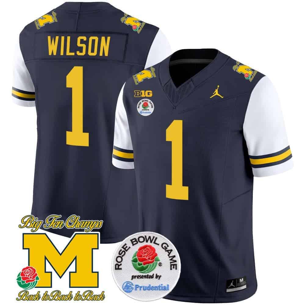 Men Michigan Wolverines #1 Wilson Drak Blue 2024 Rose Bowl Patch Vapor Limited NCAA Jersey style 1